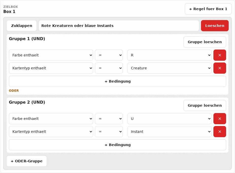 Eigene Profile verwalten: Regel für Box 1 mit zwei UND-Gruppen, die per ODER verbunden sind
